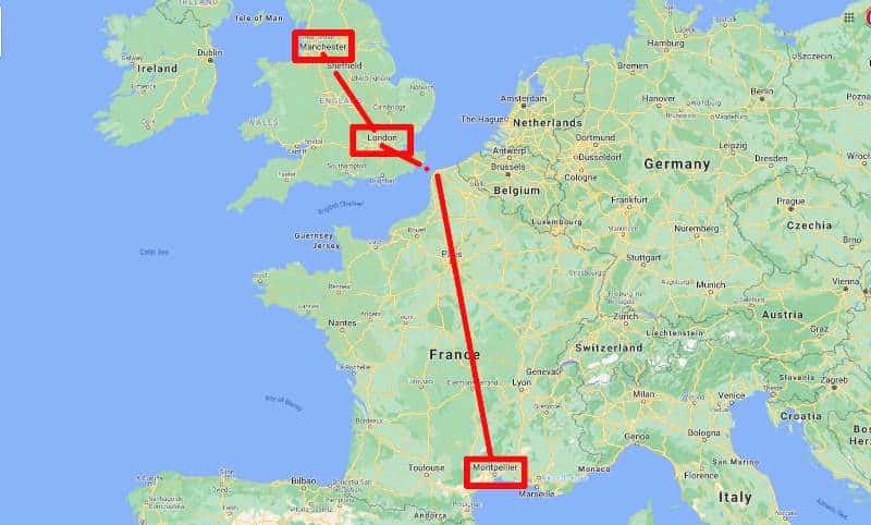 Manchester to London to Montpellier Manchester to London to Montpellier